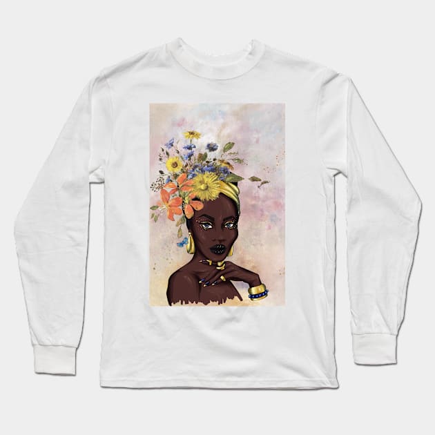 A beautiful black african woman with blooming flowers on head modern art painting female blue eyes Long Sleeve T-Shirt by Modern Art